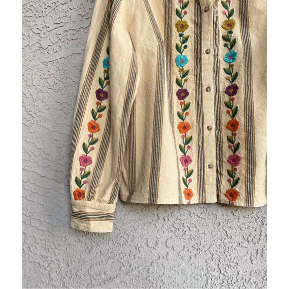 SEZANE Yellow Ecru Pink Striped Floral Embroidered Button Down Aina Blouse Shirt - Picture 4 of 16